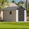 Patiowell 8x10 FT Outdoor Storage Shed, Plastic Shed Resin Garden Tool Shed with Floor & Two Window & Lockable Door for Patio Furniture, Backyard Tools, Bicycles & Lawnmower, Beige
