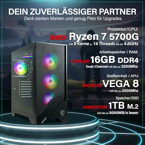 Basic Gaming PC - Computer mit AMD Ryzen 7 5700G mit 4,6 GHz | Radeon Vega 8 | 16GB DDR4 RAM | 1TB SSD | Silent Wasserkühlung | Gamer Tower Desktop | WLAN | Win11 Pro – Bild 3