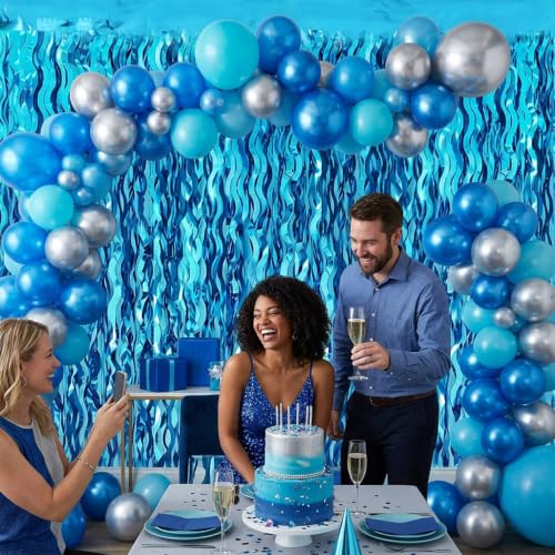 Image of TONIFUL Teal Blue Wavy Foil Fringe Curtains 2 Packs 3.3 x 6.6 ft Metallic Tinsel Door Streamers Backdrop for Baby Shower Bachelorette Beach Themed Birthday Ocean Under The Sea Party Decorations