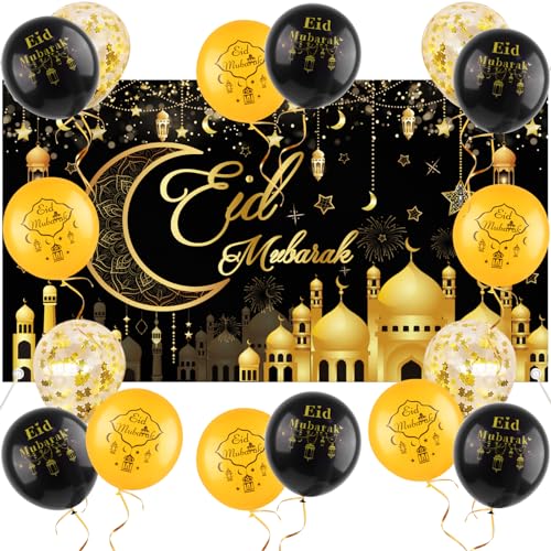 AhfuLife Large Eid Mubarak Backdrop Banner 205 x 111cm, Black and Gold Eid Mubarak Fabric Background with 16Pcs Balloons for Muslim Garden Table Wall Indoor Outdoor Home Party Decoration