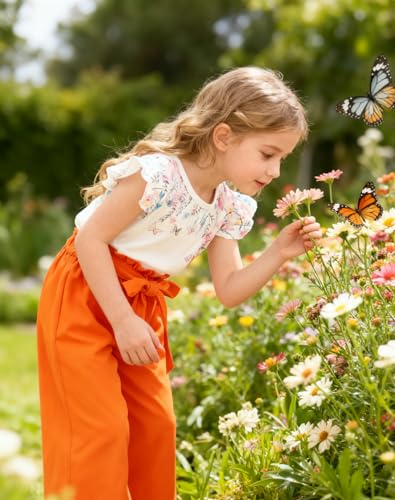 Image of Toddler Kid Girl Clothes Casual Ruffle Sleeve Floral Printed Top Solid Pants with Belt 3PC Outfit Set