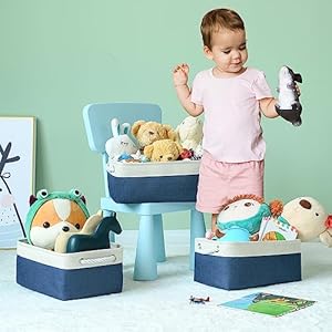 TheWarmHome Storage Basket for Organizing - Medium 3 Pack 14x10x7 inch Fabric Storage Cubes for Shelves with Rope, Collapsible Storage Bin for Organizer Closet Cloth Gift Toy (White & Jean Blue) TheWarmHome Storage Basket for Organizing Medium 3 Pack 14x10x7 inch Fabric Storage Cubes for Shelves with Rope Collapsible Storage Bin for Organizer Closet Cloth Gift Toy White Jean Blue