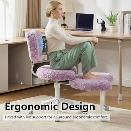 Image of Cross Legged Office Chair with Wheels, 360Swivel Meditation Chair, Adjustable Height Office Chair for ADHD and Yoga, Ergonomic Kneeling Chair with Back Support, Faux Fur, Violet