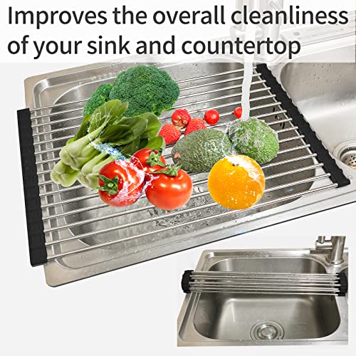 Image of Ahyuan Roll Up Dish Drying Rack Multipurpose Kitchen Dish Rack Roll Over The Sink Dish Drying Rack Portable Rolling Dish Drainer For Kitchen Sink RV Accessories (Black, 17.7''X11.2'')