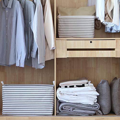 Sea Team Collapsible Extra Large Canvas Fabric Storage Basket With Handles, Rectangle Waterproof Storage Bin, Box, Cube, Foldable Shelf Basket, Closet Organizer, 22 X 15 X 13 Inches, Grey Stripe #TOP2