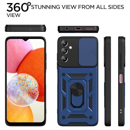 Image of Pikkme Back Cover for Samsung Galaxy A14 4G / A14 5G | 360 Protection Case | Sliding Camera Shield Cover & Ring Holder Stand D10 Tough Armor Bumper Case (Blue)