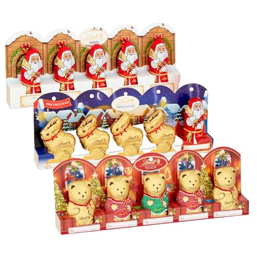 Lindt Christmas Chocolate Bulk Buy - Milk Chocolate Santa Sleigh 5x10g, Golden Teddy's 5x10g & Santa 5x10g Chocolate Hamper with Topline Card. Sweets Bulk for Stocking Fillers or Christmas Trees