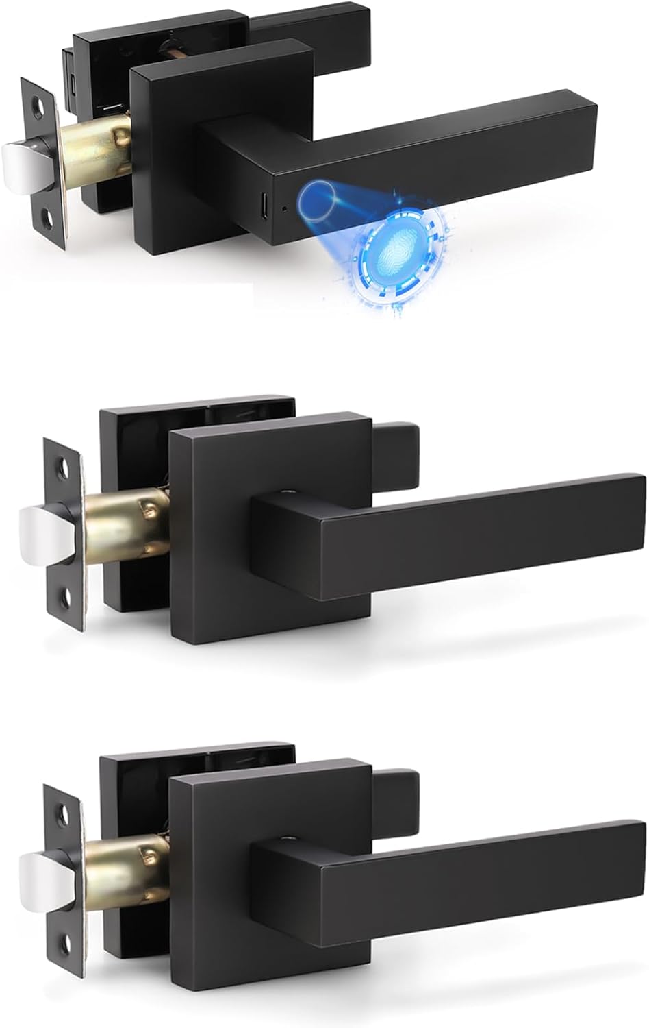 KNOBWELL Smart Lock Fingerprint Door Lock and 2 Pack Passage Door Handle Lever, Keyless Entry Door Lock, Fingerprint Door Handle for Bedroom,Office, Apartment