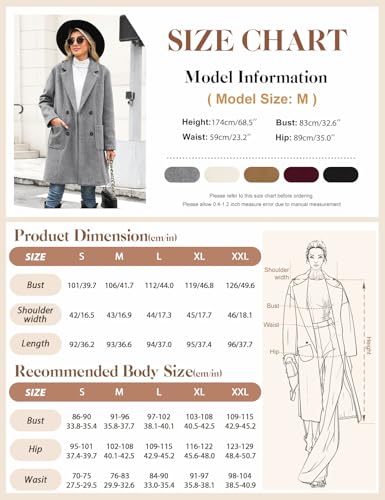 Yuson Girl Wintermantel Damen Langer Wollmantel Herbst Winter Klassischem Revers Coat Warmer Übergangsmantel Elegant Kurzmantel Einfarbig Jacke Outwear mit Doppelreihigen Knöpfen(Grau, M)