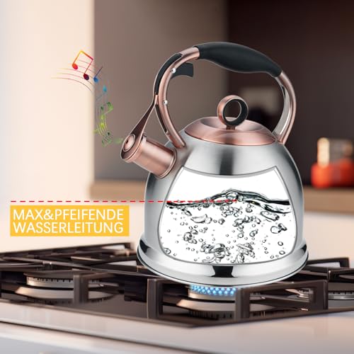 Flötenkessel Wasserkessel, 3L Edelstahl Pfeifkessel Mit Hitzebeständigem Griff, Pfeifender Kessel Für Induktionsherde – Ansicht 2
