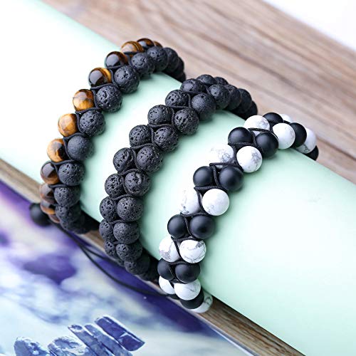 Wrcxstone Natural Stone Bracelet Mens Black Lava Rock Bracelet Tiger Eye Gemstone Bracelet Yoga Essential Oil Bracelet Charm Gift (3 Pcs A Set) #TOP3