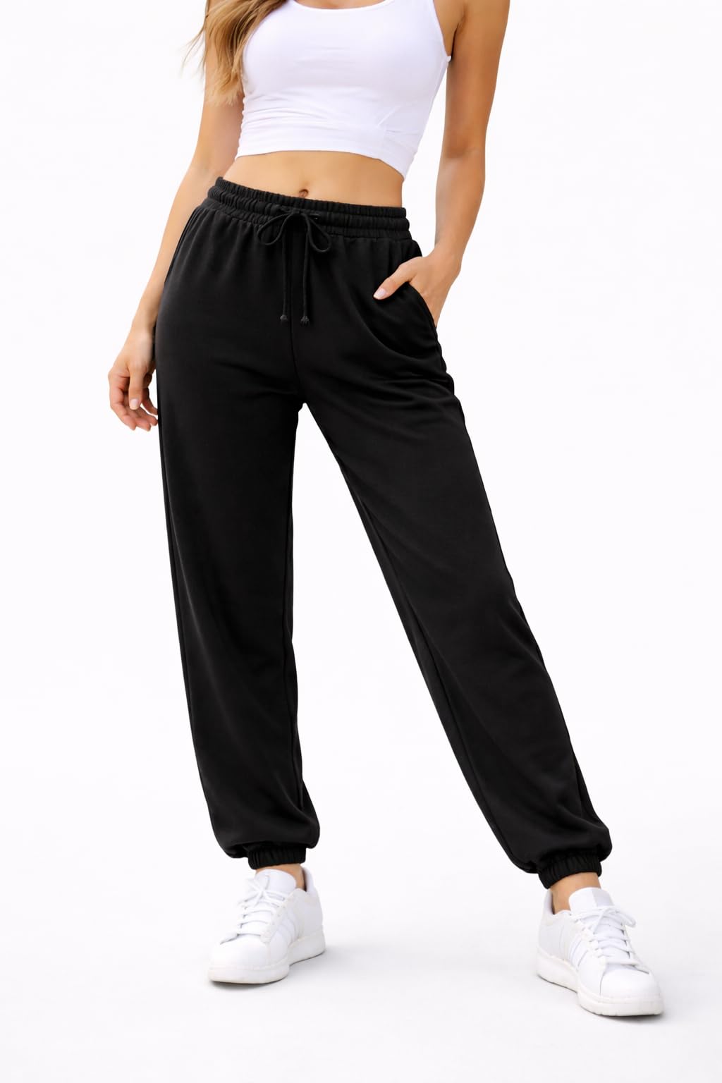 Women’s Summer Jogger Sweatpants | Lightweight Cotton Blend | Elastic Waist with Black Drawstring | Side Pockets | Ankle Cuffed Casual Pants-image-32