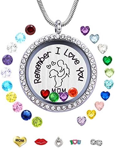 Remember I Love You Mom Floating Lockets Stainless Steel Pendant Necklace with Charms & Birthstones for Mother Mammy Mama, Mother's Day Birthday Xmas Gift