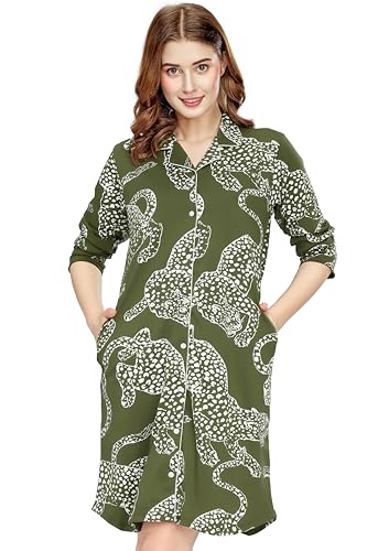 Image of ZEYO Women's Cotton Night Dress Leopard Printed Knee Length Night Gown 5791