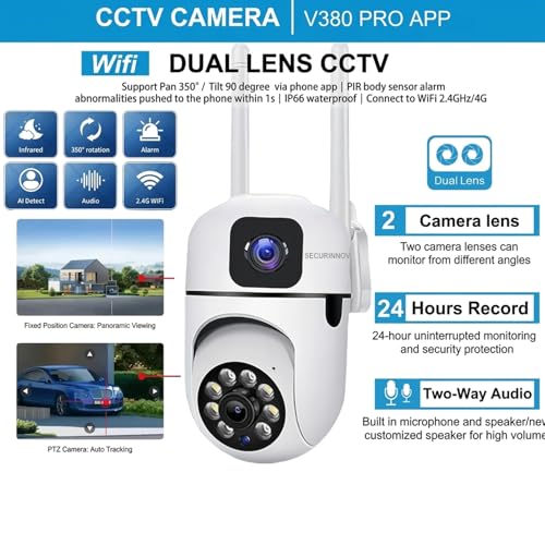 Image of securinnov 4+4MP Smart WiFi PTZ CCTV Camera for Home Outdoor | 360 View | Night Vision | Motion Detection | Two-Way Audio | Wireless Security Camera with Mobile App V380 Pro (Dual Lens Mini Ptz)