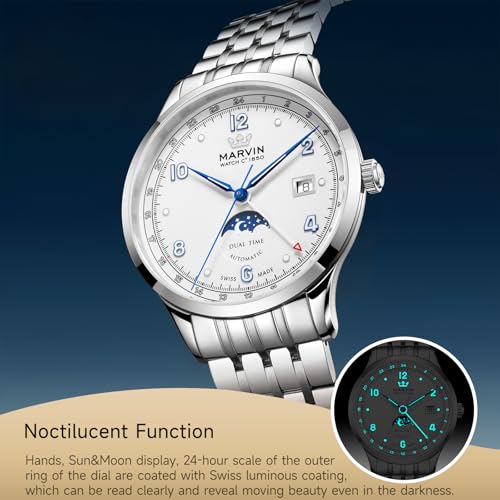 marvin Automatic GMT Men's Watch Swiss Movement Mechanical Luxury Watches for Men with Stainless Steel Strap,Sun&Moon Dial,Luminous Hands and Hour Markers,50m Waterproof4