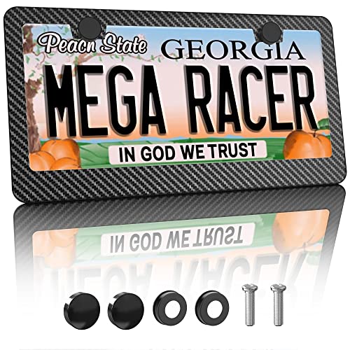 Mega Racer Front Or Rear License Plate Frames Carbon Fiber Printed - 2 Hole Black Aluminum Metal With Stainless Steel Plate Screws And Black Plastic Caps - Printed Carbon Pattern (1 Piece) #TOP27