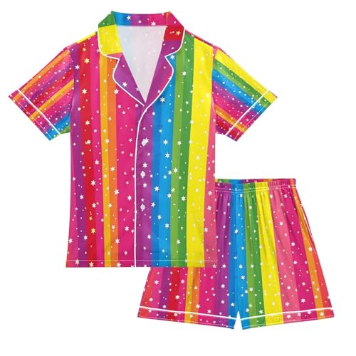 senya Rainbow Stripes Star Satin Summer Pajama Sets Silk Short Sleeve Button Down Sleepwear