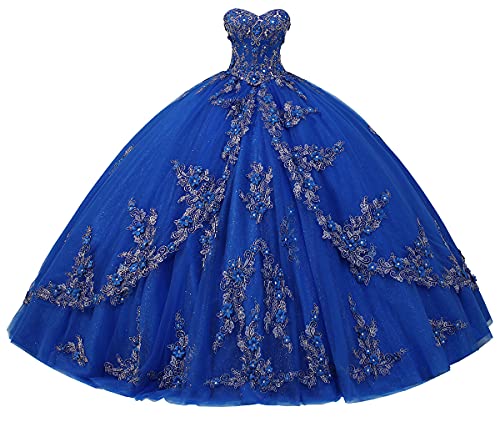 Long Sweetheart Quinceanera Dresses for Women Strapless Corset with Floral Appliques Beaded Tulle Prom Dress Royal Blue