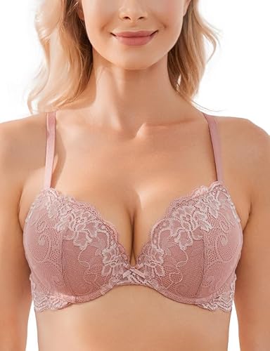 Wingslove Damen Push Up BH mit floraler Spitze gepolsterter Bügel BH Komfort BH