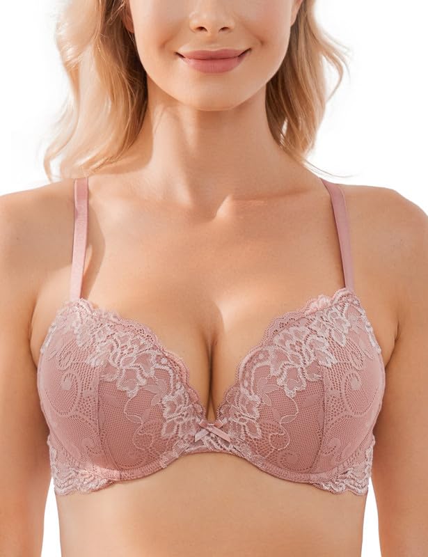 Wingslove Damen Push Up BH mit floraler Spitze gepolsterter Bügel BH Komfort BH