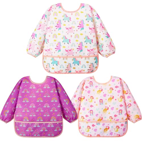 Lictin 3 pezzi Bavaglini a Manica Lunga - Bavaglino Impermeabile per Bambini Piccoli Da 0 mesi a 2 anni bambino(Rosa)