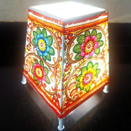 Image of Andhra Leather Craft Lamp Shade, Small (6 inch x 4 inch / Set of 1)- Floral Design | 2 meter wire with bulb holder and socket included - Handpainted Leather Table Lamp: Tholu Bommalata