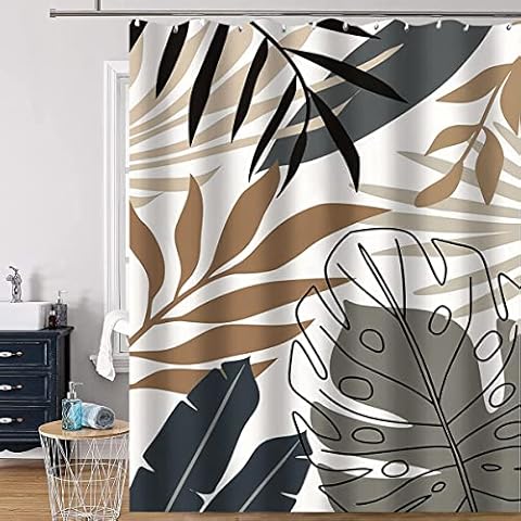Hanrunsi Boho Shower Curtain Leaf Abstract Morandi Shower Curtain with Plastic Hooks Mid Century Machine Washable Opaque Shower Curtain for Bathroom Mould & Mildew Resistant 180 x 180cm Cover