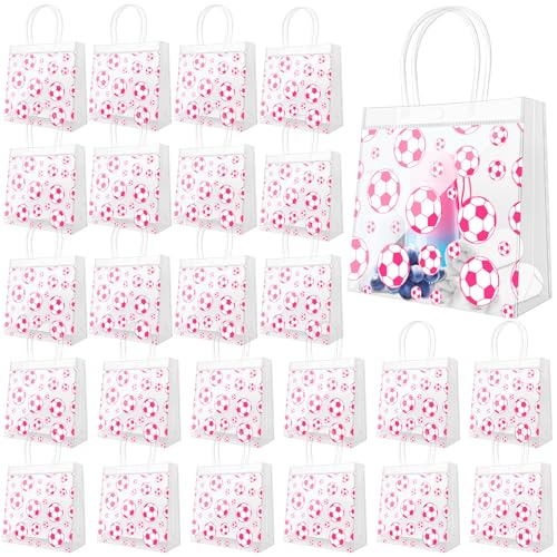 Demonwer 24 Pcs Pink Soccer Clear Goodie Bag with Handles PVC Sport Theme Goodie Treat Candy Bags Reusable Party Favor Bag for Team Birthday Gifts 8×8×3.2 Inch