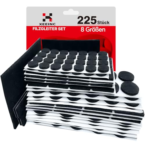 XEEINC Patins pour Meubles 225 Pièces, Patin Chaise Auto-adhésifs, Tampon Chaise Meuble avec 8 Tailles, Patin Feutre pour Meubles 3mm d'épaisseur, Anti-Rayures - Noir