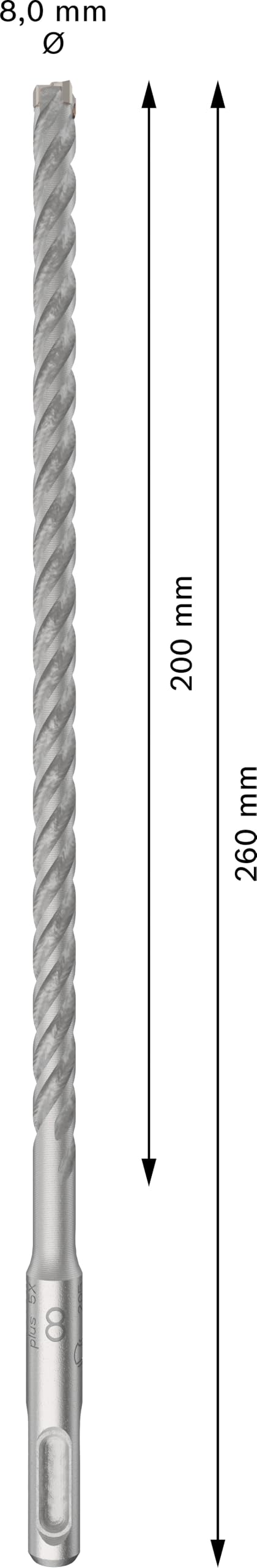 Broca para martillos perforadores SDS PLUS-5X: 8 X 200 X 260 MM CON 4 ARISTAS DE CORTE (10pcs)