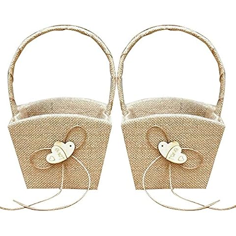 XYJIE2PCS Sackleinen Doppel Herz Hochzeit Blumenmädchen Korb Cover