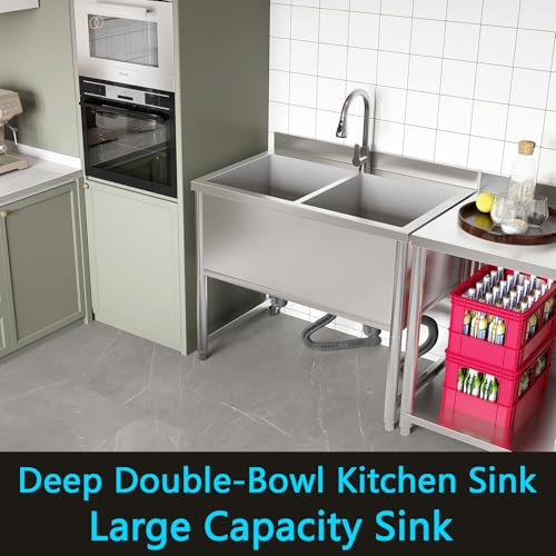 35" Stainless Steel Commercial Sink 2 Bowl Freestanding Kitchen Sink with Pull-out Faucet, Large Utility Sink for Kitchen, Dishwashing, Thawing, Laundry Room, Garage, Outdoor, Total Capacity 36 Gallon - Thumbnail 4