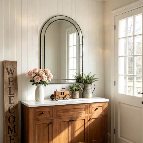 Image of MOON MIRROR Arched Mirror for Bathroom, Bathroom Mirrors for Over Sink, 24x36 inch Matte Black Non-Rusting Vanity Mirror in Delicate Tessellated Glass Design