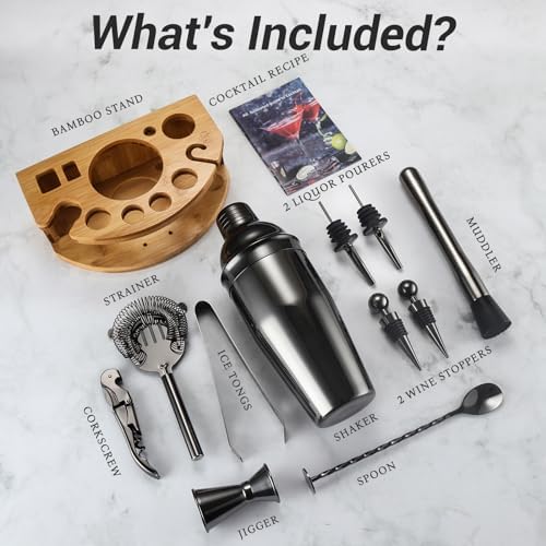 Cocktail Shaker Set Bartender Kit with Stand, 12 Piece Bar Set Drink Mixer Set with Stainless Steel Bar Accessories Tools: 25oz Martini Shaker Jigger Strainer Spoon Muddler for Cocktails (Black) - Thumbnail 5