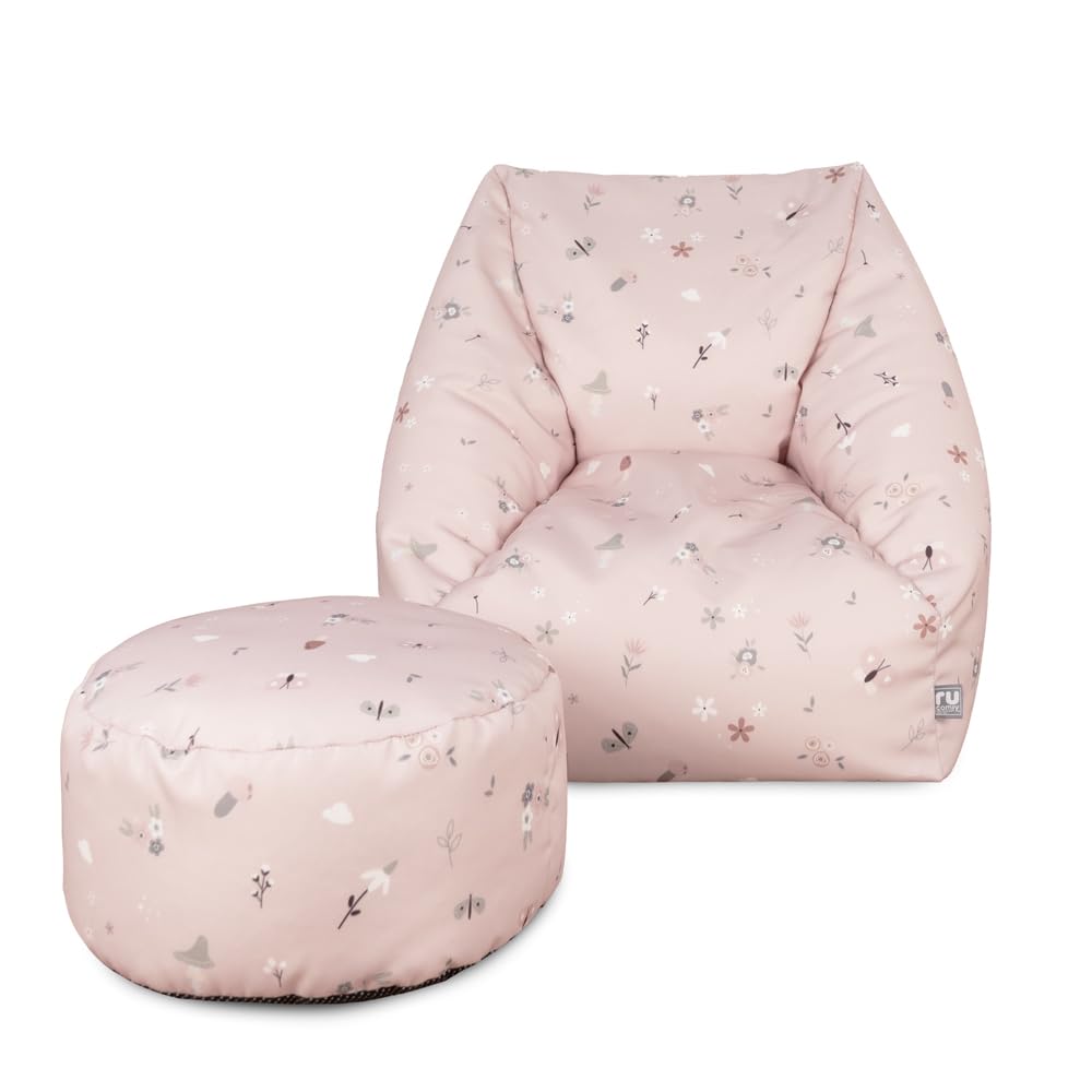 rucomfy Beanbags Snuggle Kids Bean Bag Chair - Toddler Armchair Beanbag Seat With Footstool - Childrens Bedroom Furniture - Arrives Filled - 50 x 60 x 60cm (Whimsical Wonder, Matching Footstool)