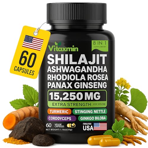 vitaxmin Shilajit and Ashwagandha Capsules, 8-in-1 Herbal Multivitamin for Men and Women, with Rhodiola Rosea, Ginseng, and Stinging Nettle, Shilajit for Men and Women