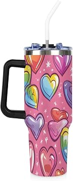 Candy Heart 40 oz Tumbler with Handle and Straw Lid, Double Wall Vacuum Reusable Stainless Steel Insulated Sports Water Bottle
