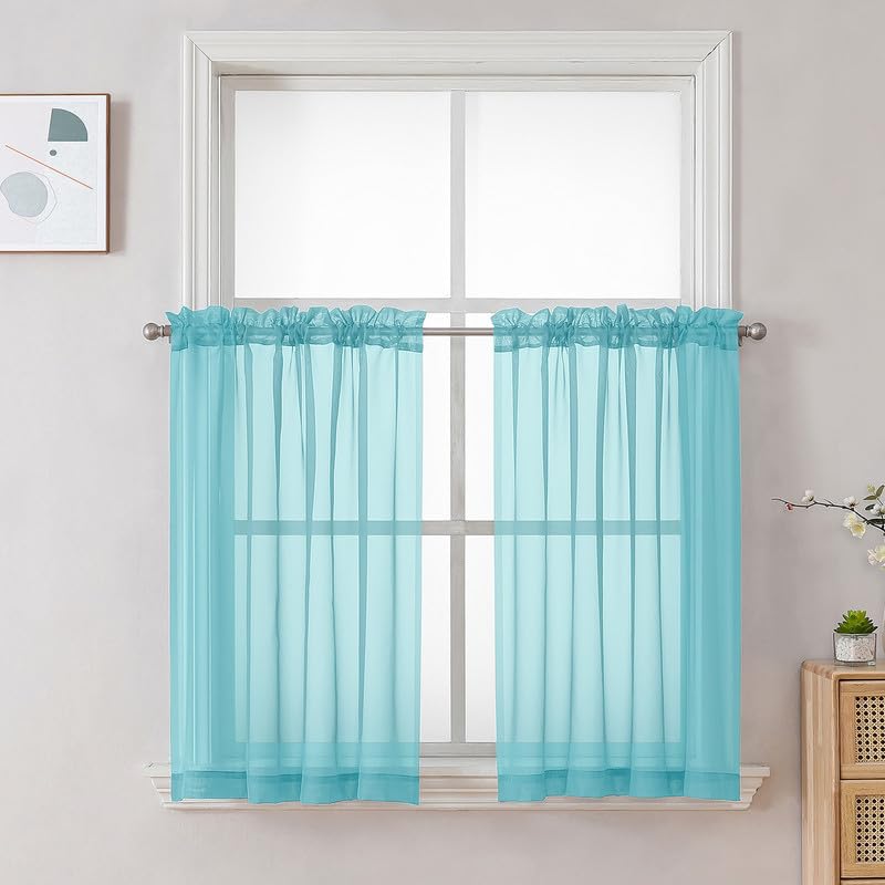 Image of OVZME Aqua Sheer Curtains 36 inch Length 2 Panels Set, Light Filtering Voile Rod Pocket Short Window Curtians for Bathroom Living Room Farmhouse Small Windows, Each 42Wx36L Inches