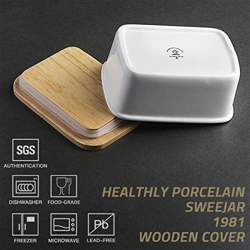 Sweejar Porcelain Butter Dish With Lid, Airtight Large Butter Keeper With Wooden Lid, Butter Container Perfect For 2 Sticks Of Butter West Or East Coast Butter(White) #TOP1