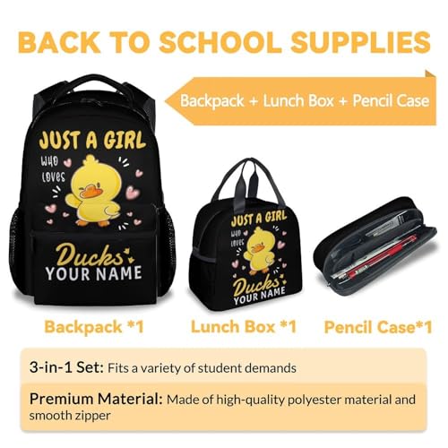 Custom Duck Kids Backpack with Lunch Box, Set of 3 School Backpacks Matching Combo, Cute Black Bookbag and Pencil Case Bundle3
