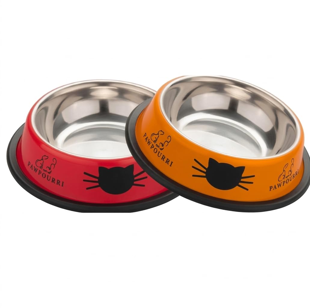2 Pack Printed Stainless Steel Cat Bowls – 8 fl oz Anti-Skid Food & Water Cat Feeding Bowls | Cat Dish for Food and Water Bowl | Cat Feeding Bowl for Kitten (Orange & Red)