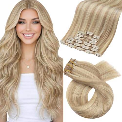 Image of Moresoo Clip in Hair Extensions Blonde Highlights Human Hair 24 inch 120g | Human hair clip in extensions, ash blonde golden highlights, 7pcs, smooth straight finish for bright dimensional styling
