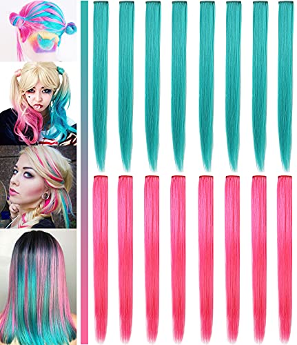 JCM Multi-Colors Hair Etensions Party Highlights Straight Clip in/on Colored Hair Streak Synthetic Hairpieces 16PCS (Pink Teal )