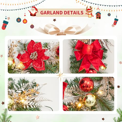 GarveeHome Christmas Garland with Lights for Mantle, 6ft Battery Operated Xmas Garland with 20 LED Lights Timer Red Gold Balls Velvet Ribbon for Fireplace Stair Railing Indoor Outdoor Holiday Decor