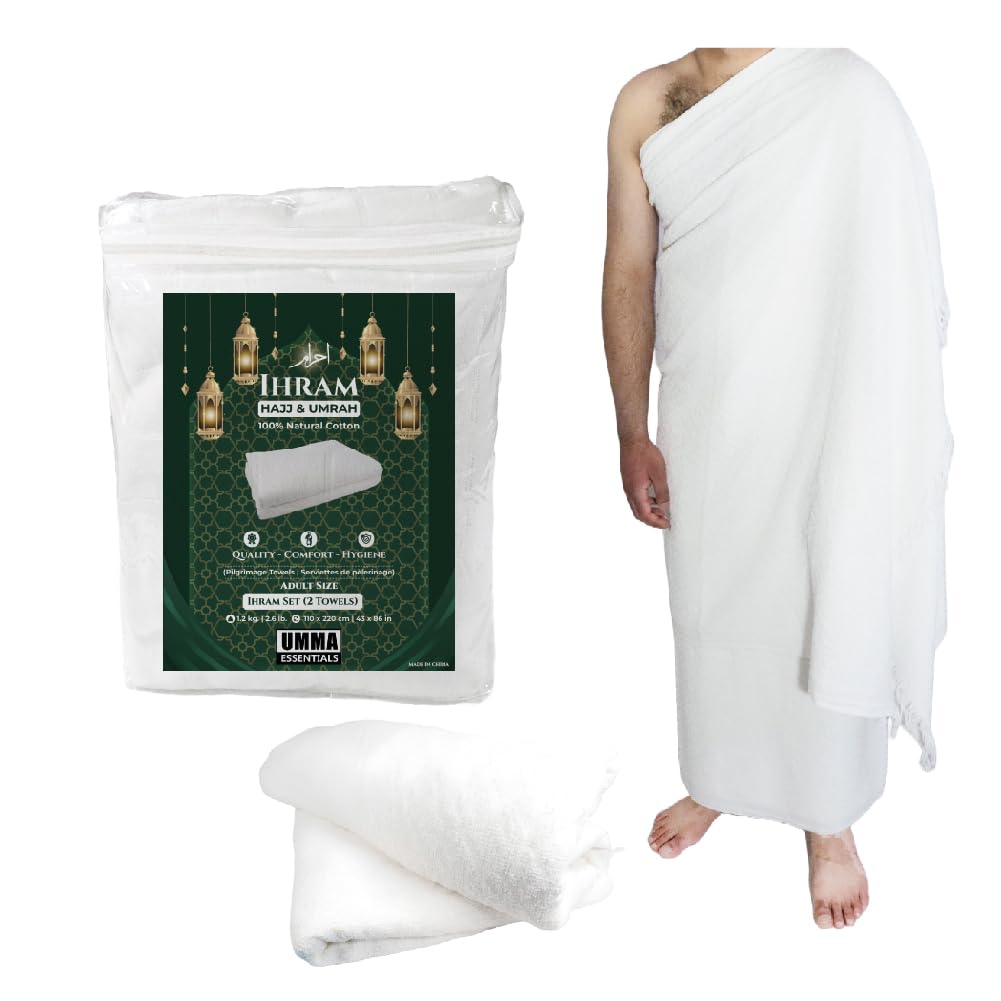 UMMA ESSENTIALS, Ihram Ehram Ahram for Men, 100% Cotton, Hajj Umrah Ihram Ehram Towels, Hypoallergenic, Quick-Drying, Lightweight, Breathable, 2 Count, White, Adult Size 110 x 220cm = 43X86 inch