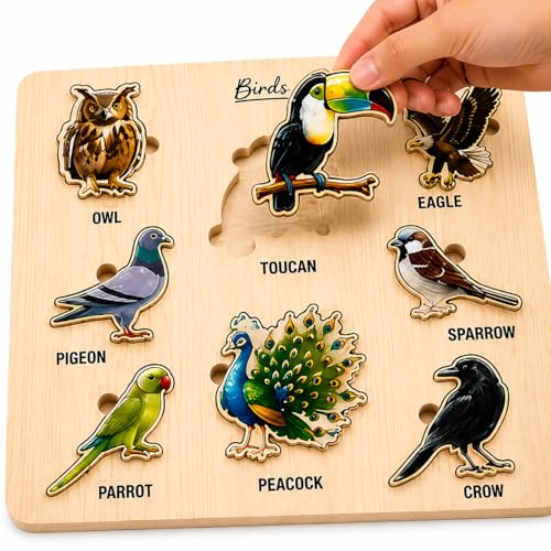 Image of Wooden Name Puzzle for Toddlers 2+ Years | Montessori Letter Matching & Name Recognition Learning Toy | Alphabet Educational Puzzle for Preschool Boys & Girls (Birds)