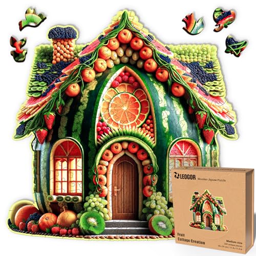 Rompecabezas de madera LEOGOR para adultos Fruit Cottage Creation 200 piezas 11.8 x 11.4 in madera premium de 5mm con forma única y diseño colorido de casa