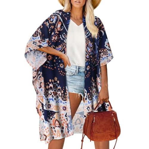Women's Kimono Beach Cover up for Summer Bathing Suits Cardigans Casual Loose Swimwear Small Orange Blue Ethnic