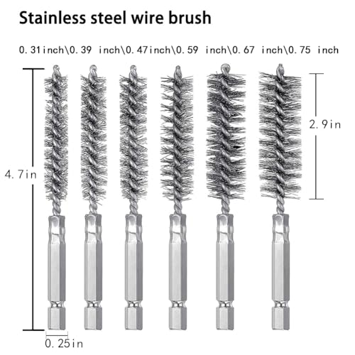 Image of Stainless Steel Bore Brush Stainless Steel Bristles Wire Brush for Power Drill with Hex Shank Handle (0.31inch .39 inch .47inch .59 inch .67 inch .75 inch, 6 Pcs)